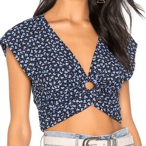 Free People Havana Honey Crop Top Linen Blend O-ring Blue Heart Printed Size M